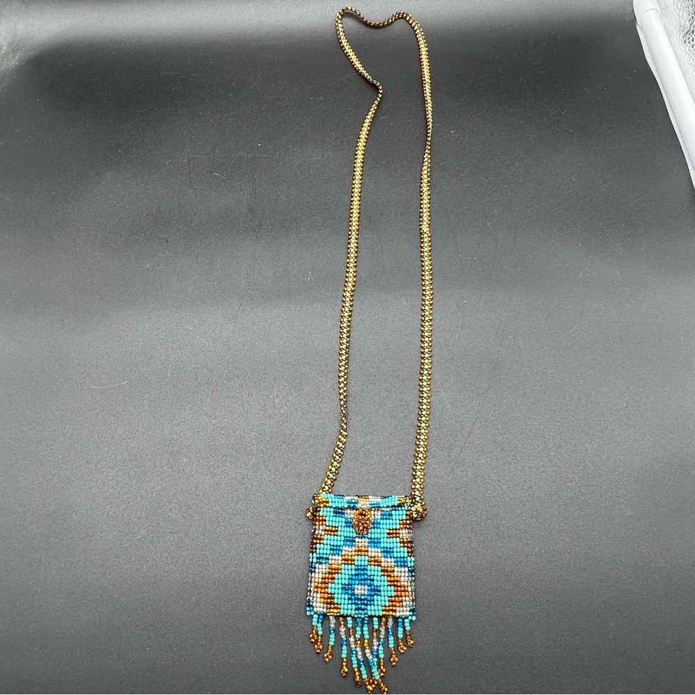 Vintage Turquoise Gold Seed Bead Peyote Amulet Pouch Necklace Fringe - Picture 2 of 8